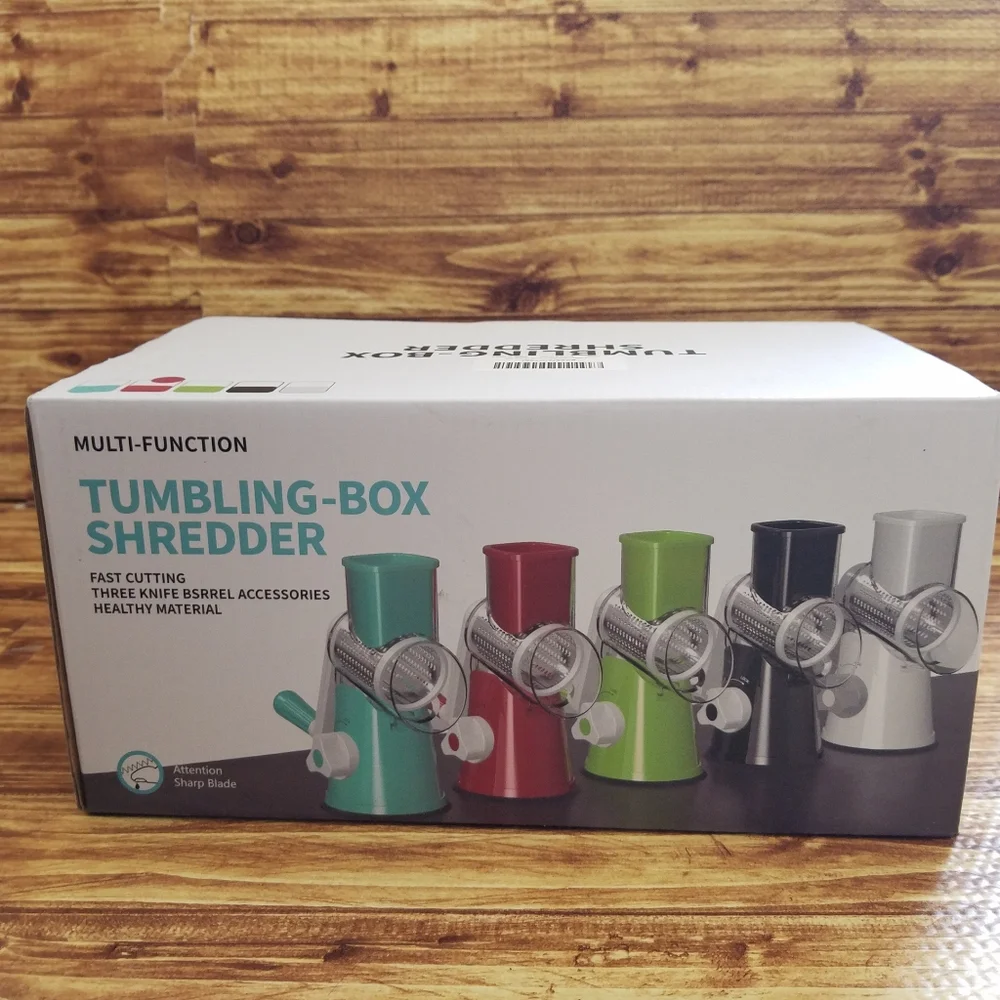 NIB Red 3-in-1 Rotary Cheese Grater & Tumbling-Box Veggie Shredder